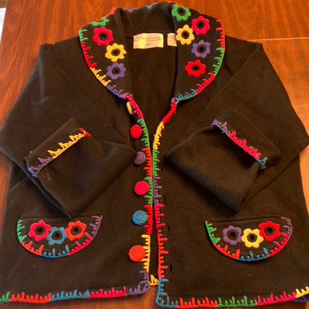 Lisa Nichols black w/embroidered  color flowers cardigan sweater size XL